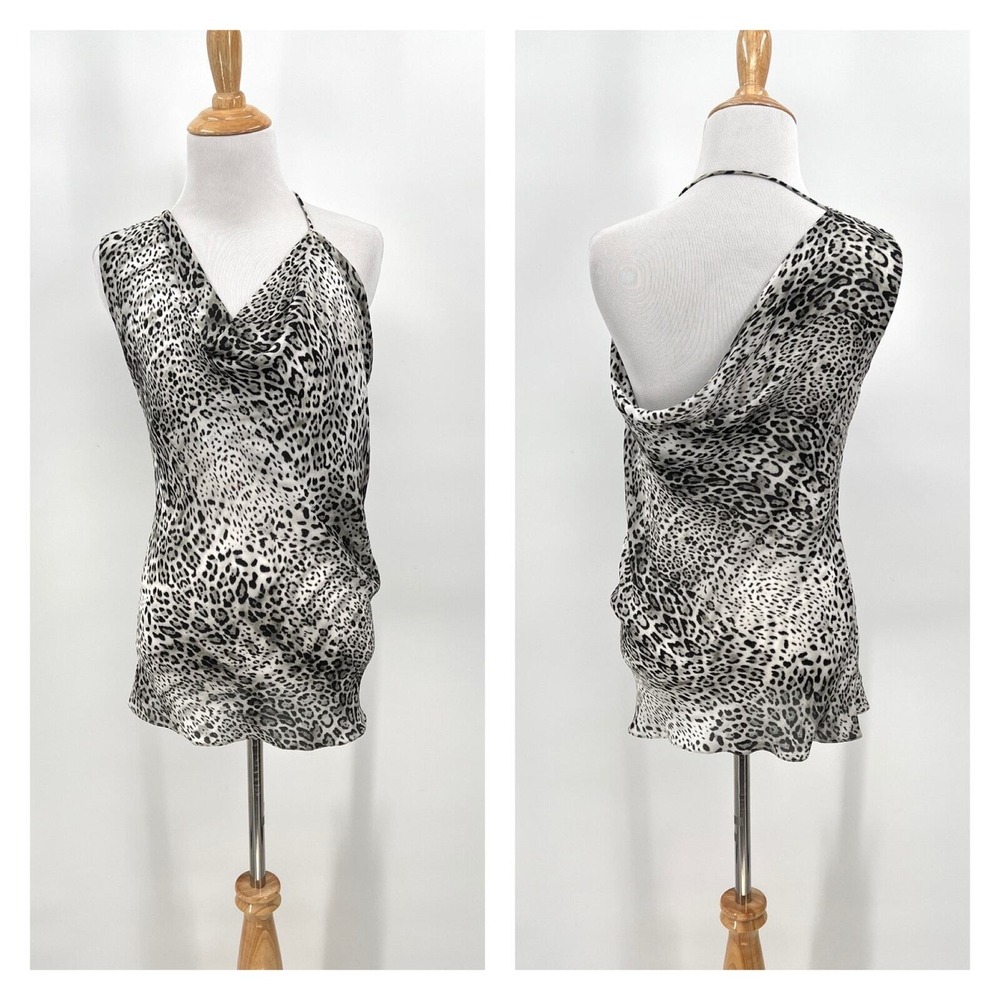 CUSHNIE Silk Halter Tunic Top Women 2 Grey Leopard Print Cowl Neck One Shoulder